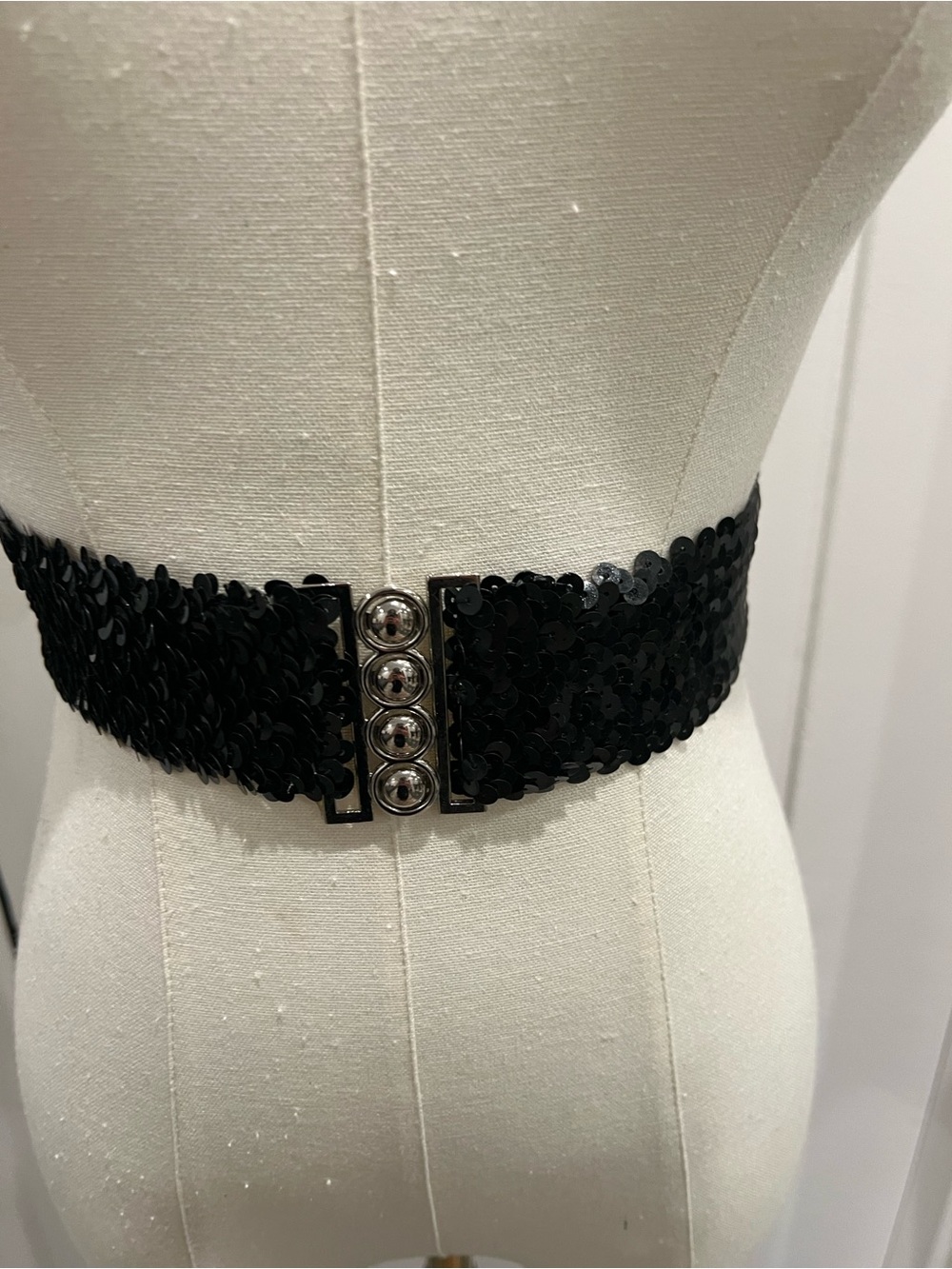 Black Sequin Elastic Waist Belt with Silver Snap Closure